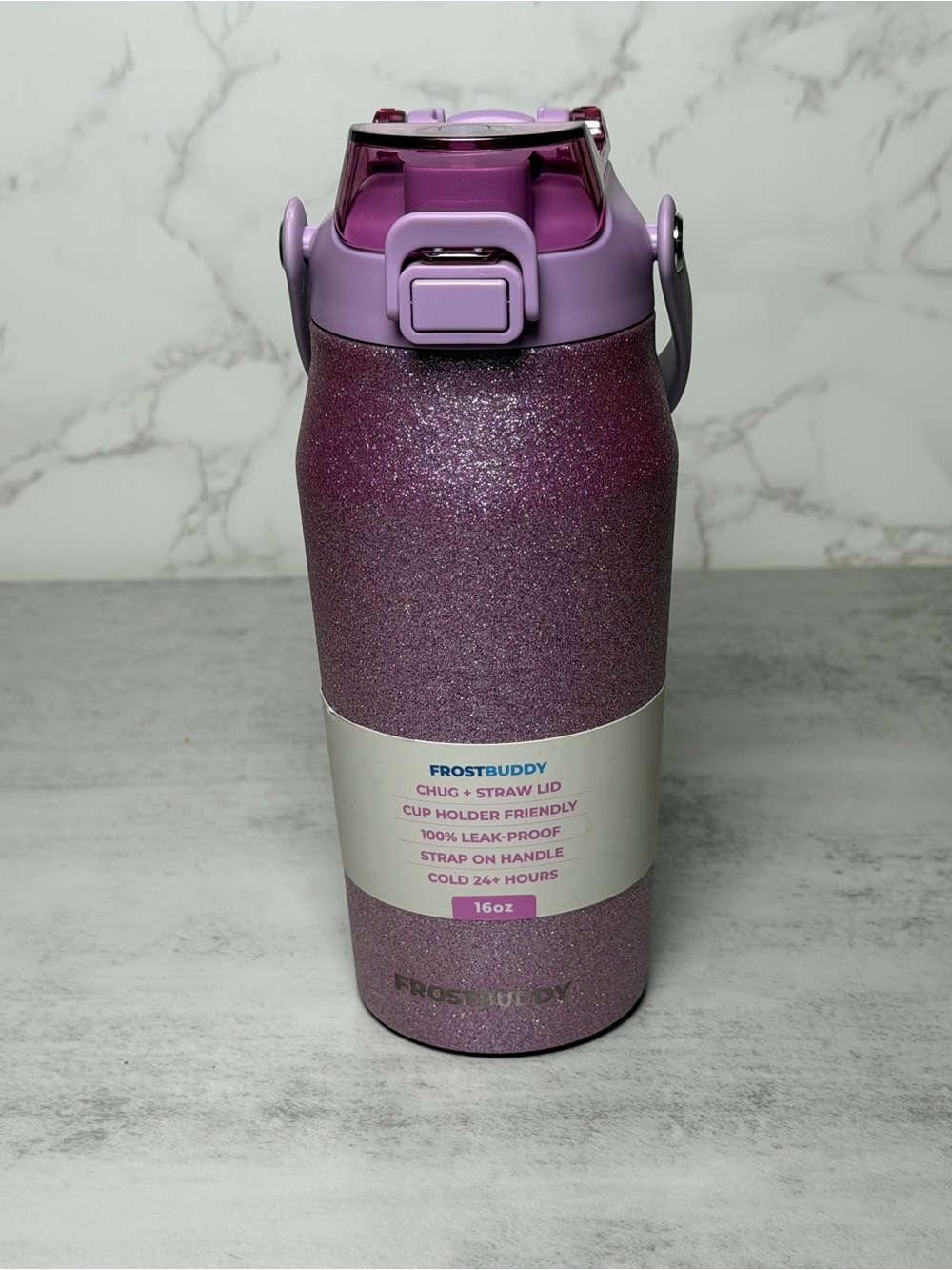 FrostBuddy 16oz Glitter Lilac Insulated Bottle with Straw Lid